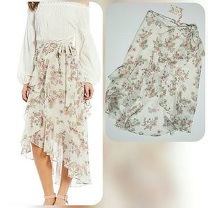 C&V Floral Print Tiered Ruffle Hi-Low Wrap Skirt